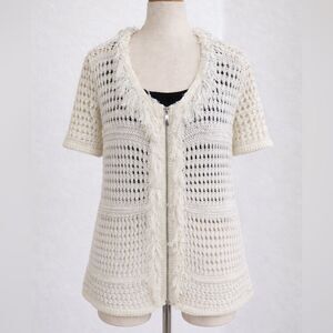 Chico’s Open Knit Cream Colored Fringe Zipper Short Sleeve Sweater